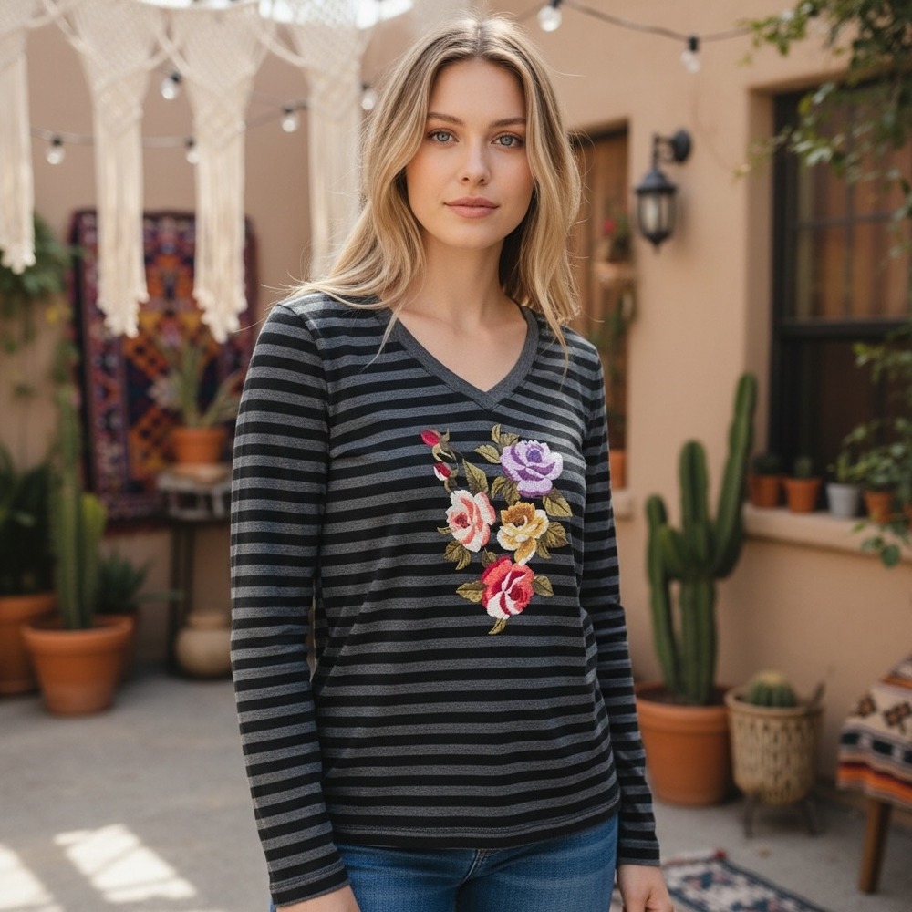 Johnny Was Top Women Small Gray Striped Excellent Boho Floral Embroidered V-Neck